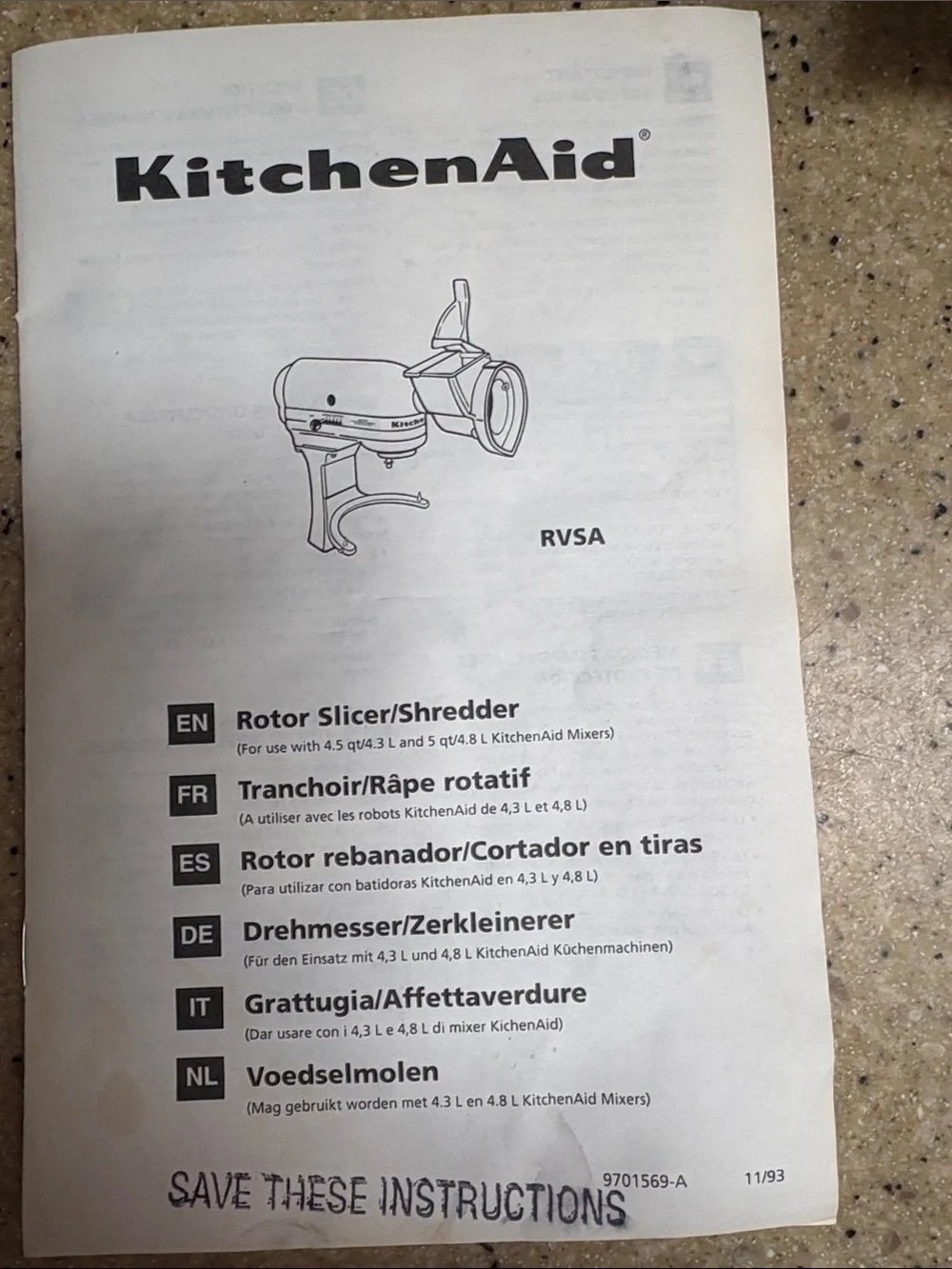 KitchenAid White attachment RVSA Rotor Slicer/Shredder & Instruction Manual